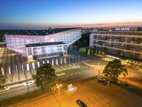 The Grugahalle, left, and the Atlantic Congress Hotel, Essen North Rhine-Westphalia, Germany,