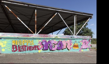 Happy Birthday, Graffiti at the Emscherhalle skating rink, Landschaftspark Duisburg-Nord, Duisburg,