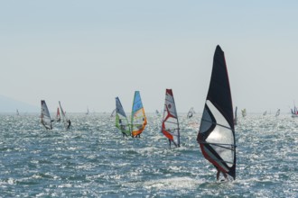 People windsurfing on a sunny day with clear blue skies and mountain backdrop, Lake garda, Torbole,