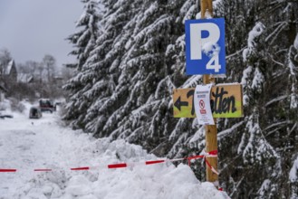 Indications of a ban on entering, car park of a ski area in Altastenberg, during the Corona crisis,