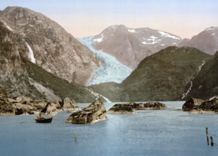 Bondhus glacier and lake, Hardangerfjord, Handanger, Norway, View from 1885, Historical, digitally