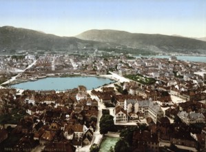 Panorama of Bergen, Norway, View from 1885, Historical, digitally restored reproduction from a 19th