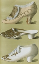 Shoe fashion in 1900, Women's shoes, Imperial shoe, with lace, gold embroidery, beadwork, and knot