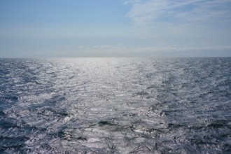 Wide sea under a blue sky, glittering waves and a quiet horizon, North Sea, Denmark, Europe