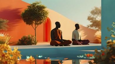 Illustration of a tranquil meditation session scenery in an idyllic garden, AI generated