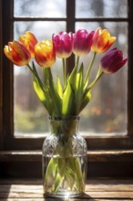 Vase of vibrant tulips aligned on an aged oak wood table, AI generated