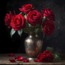 Vase of red roses aligned on an aged oak wood table, AI generated