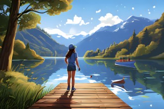 Cartoon vector illustration of a teen girl at a tranquil mountain lake, AI generated