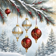 Abstract illustration of a set of ornate Christmas ornaments hanging on a snow-covered pine tree