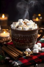 A close-up of a steaming cup of hot cocoa topped with marshmallows, surrounded by cinnamon sticks,