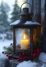 Rustic lantern with a flickering candle inside, surrounded by sprigs of pine and red berries,