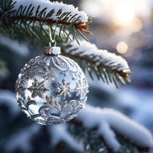 Set of Christmas ornaments hanging on a snow-covered pine tree branch, with frost clinging to the