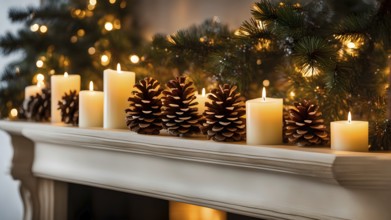 A cozy fireplace mantle decorated with pine cones, garlands, and lit candles, with a close-up focus