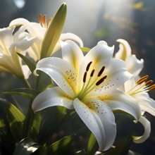 Blooming Easter lilies with soft white petals and a yellow center, bathed in gentle sunlight, AI