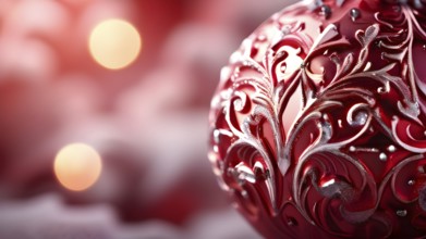 Close up of a frosted red Christmas ornament, detailed with tiny ice crystals, delicate carvings,