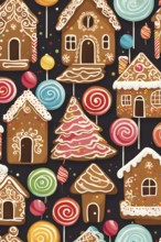 Abstract wallpaper illustration of of gingerbread house decoration, AI generated