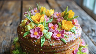 Decorated Easter cake with intricate icing flowers and colorful sprinkles, placed on a rustic