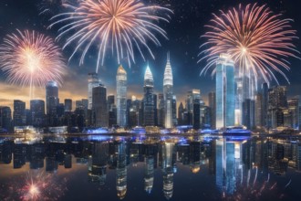 Wallpaper illustration of a cityscape on New Year's Eve, with glowing skyscrapers and floating