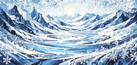 Abstract illustration of dreamy, icy landscape with swirling blues, whites, and silvers, evoking