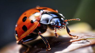 Close up of a ladybug illuminated by soft diffused light, AI generated