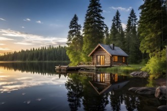 Rustic log cabin nestled in a dense evergreen forest with reflection in a tranquil lake, AI