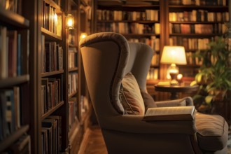 Sophisticated home library with built in bookshelves, AI generated