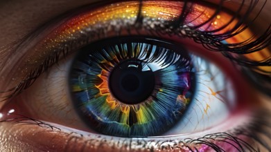 Close up of eye featuring vibrant colored eyelids with intense eye shadow, AI generated