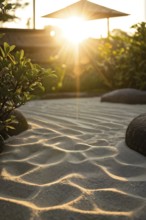 Zen garden bathed in the soft glow of dawn as a serene symbol for relaxation, AI generated