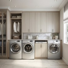 Real estate laundry room with modern stackable washer and dryer, AI generated