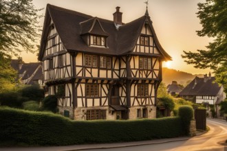 Traditional half timbered house nestled within the heart of a picturesque village in golden hour