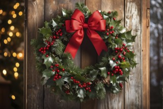 Classic holiday wreath with frosted holly leaves hanging on a rustic wooden door, AI generated