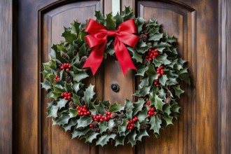 Classic holiday wreath with frosted holly leaves hanging on a rustic wooden door, AI generated