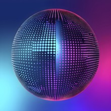 3D rendering of an abstract digital sphere composed of dots with a gradient background, AI