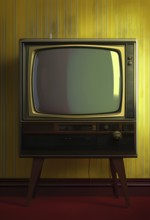 Old television in front of old rustic patterned wallpaper, AI generated