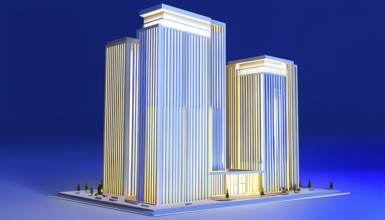 Three dimensional rendering of an illuminated modern high-rise office building, AI generated