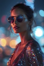 Woman with sun glasses standing against sparkling bokeh lights at night, AI generated