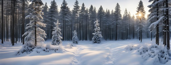 Peaceful snowy forest clearing at dawn with snow softly blanketing the ground and frost-covered