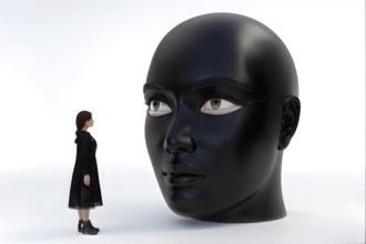 Thoughtful woman besides oversized female mask, AI generated