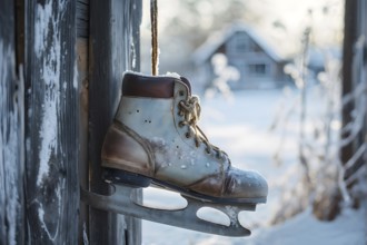 Pair of vintage ice skates hanging by their laces on an old wooden fence with frost and snow gently