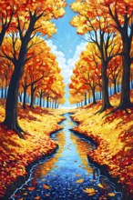 Vibrant depiction wallpaper illustration of trees in transition between autumn and winter, AI