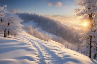 Footprints in fresh snow on a hill with a row of trees in winter in golden sunrise light, AI