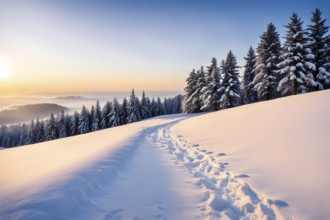 Footprints in fresh snow on a hill with a row of trees in winter in golden sunrise light, AI