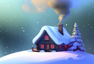 Snow-covered cottage in a serene winter scene in vector style, AI generated