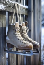 Pair of vintage ice skates hanging by their laces on an old wooden fence with frost and snow gently