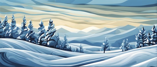 Abstract winter landscape illustration using cool blues and whites with swirling patterns and