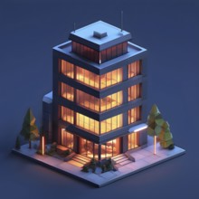 Three dimensional rendering of an illuminated modern high-rise office building, AI generated