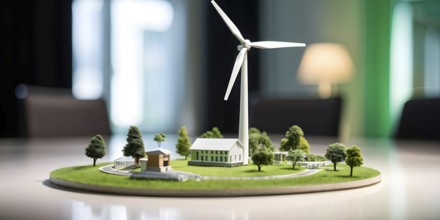 Scale model of a wind turbine adjacent to miniature houses, AI generated