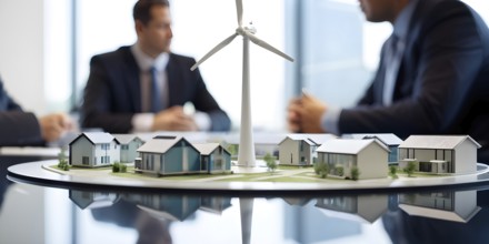 Business professionals engaged with a scale model of a wind turbine adjacent to miniature houses,