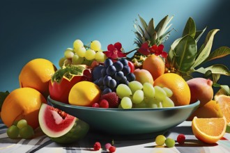 Vibrant illustration of a bowl brimming with a cascade of fresh fruits and vegetables, AI generated