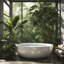 Modern bathroom with bath tube and tropical plants, AI generated